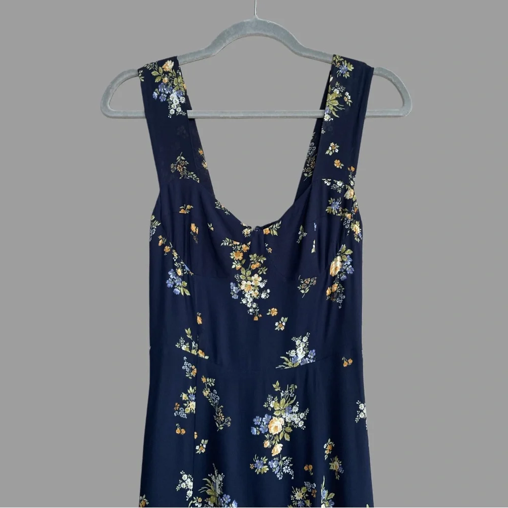 REFORMATION Navy Blue Floral Printed Sleeveless Sweetheart Fulton Midi Dress - Picture 3 of 11